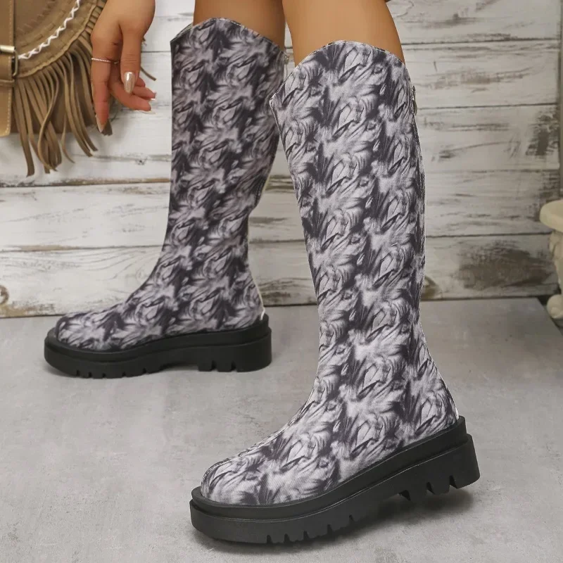 

Женские сапоги с принтом, сапоги до колена с круглым носком, на платформе, на молнии сзади, лидер продаж 2023