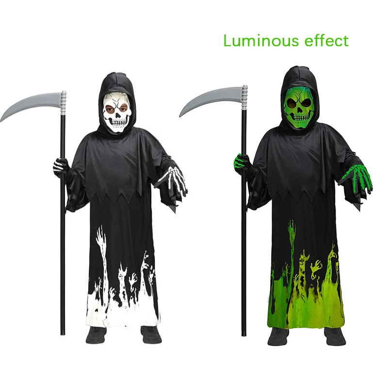 Combinaison lumineuse de mort d'horreur pour enfants, Robe noire faucille, accessoires de Costume de Cosplay Grim Reaper, Costume d'halloween