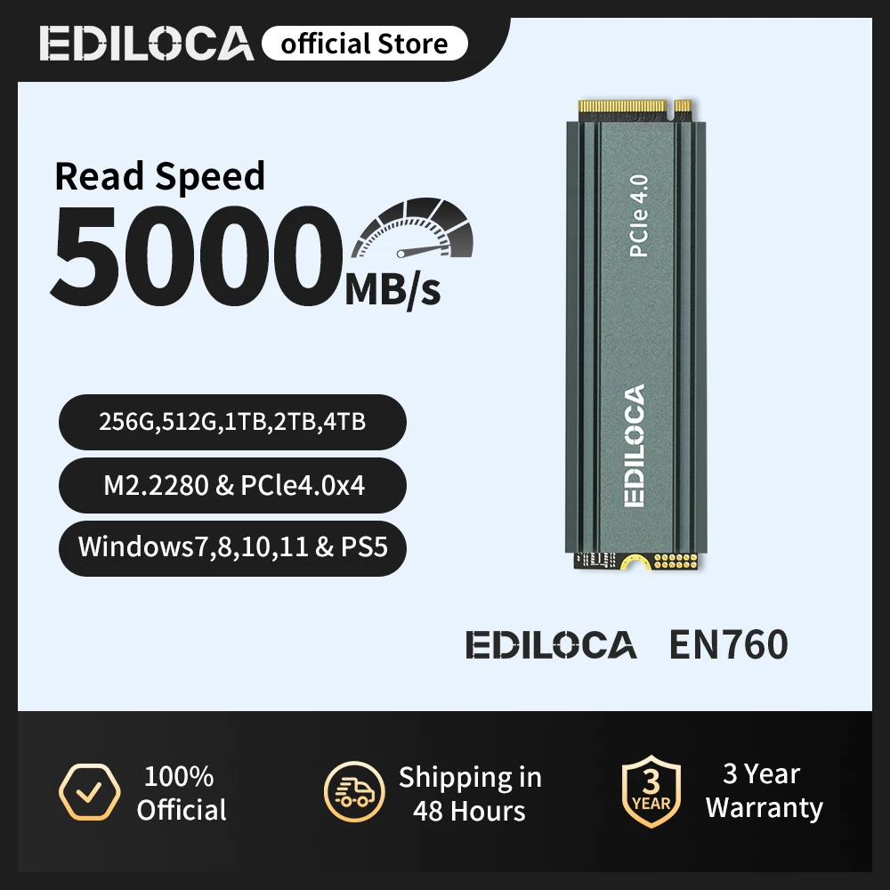 Ediloca EN760 M2 NVME SSD مع مبدد حرارة PCIe Gen4.0x4 M.2 2280 3D NAND TLC 4800 برميل/الثانية محرك الحالة الصلبة الداخلي لـ PS5/PC