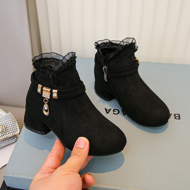 Black Ankle Boots with Rhinestone Buckle for Girls
