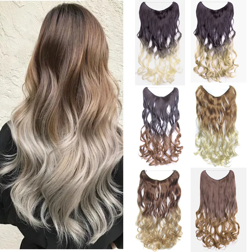 Synthetic One-piece Women's Long Wavy Algae Hairpieces No Clips No Glues String Hair Extension Blonde Gray Ombre color