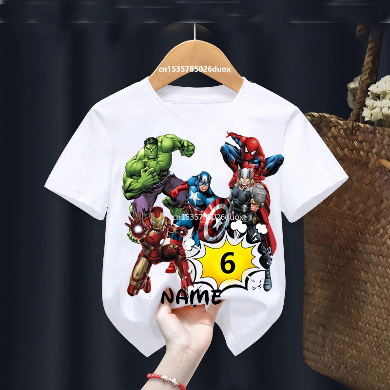

Children 2 3 4 5 6 7 8 Birthday Marvel SuperHero Summer Short Sleeved T-shirt The Avengers Personalize Name Birthday Party Wear