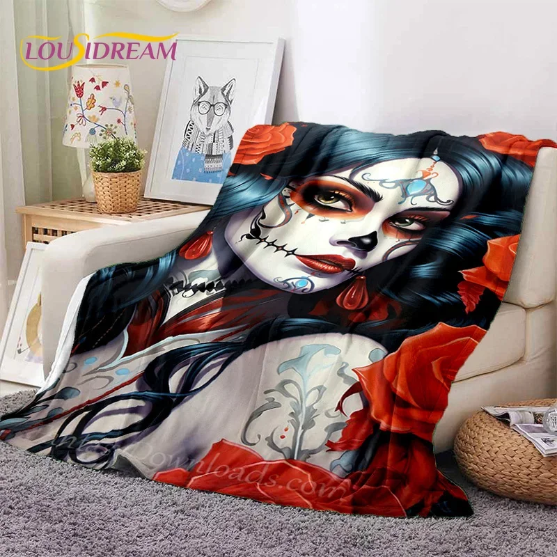 Skull Dead Girl 3D Gothic Horror Female Rose Soft Flannel Blanket Throw Blanket Comfortable Blanket for Picnic Beds Home Bedroom