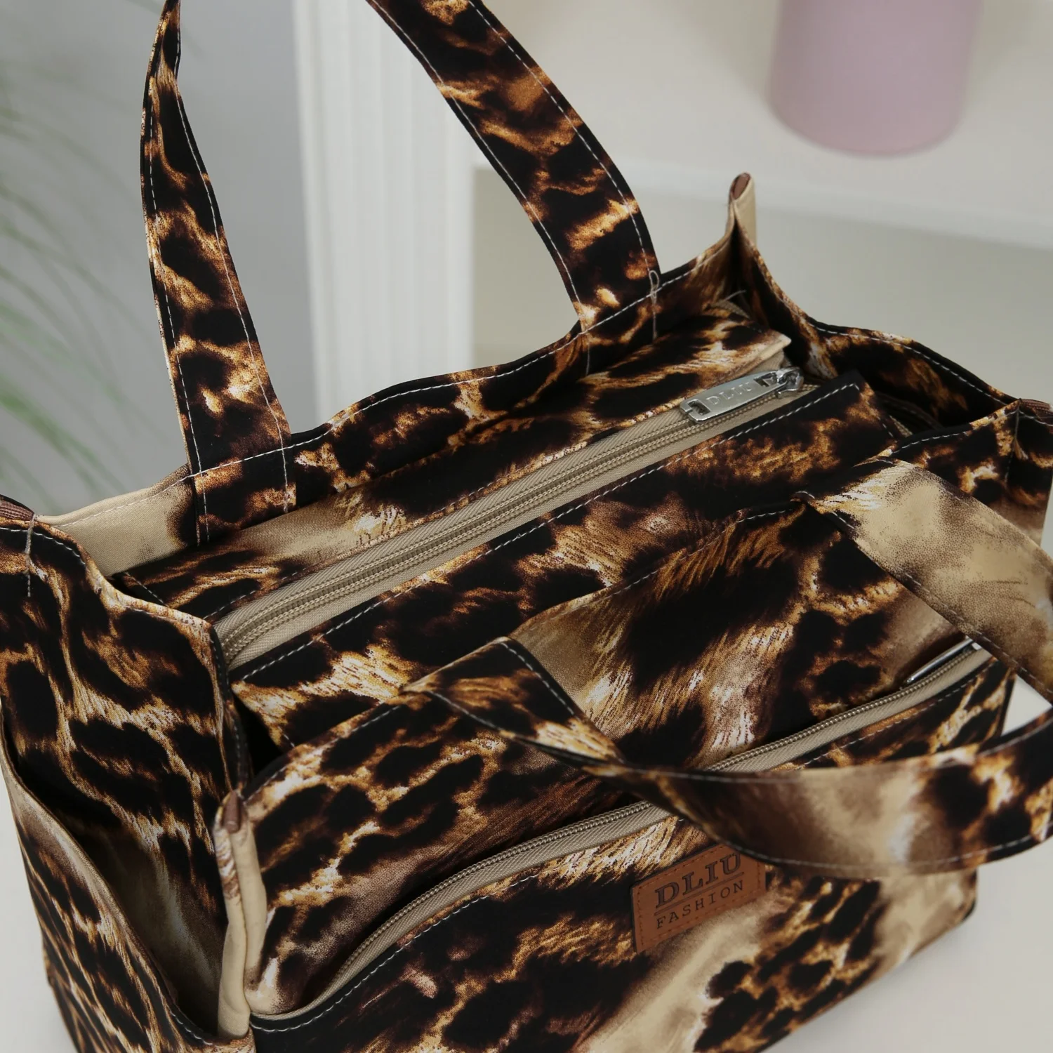 Große, dickwandige Stofftasche, Lunchbag, Aufbewahrungstasche, Leopardenmuster, Einkaufstasche, Allzwecktasche, Handtasche – Detail 11