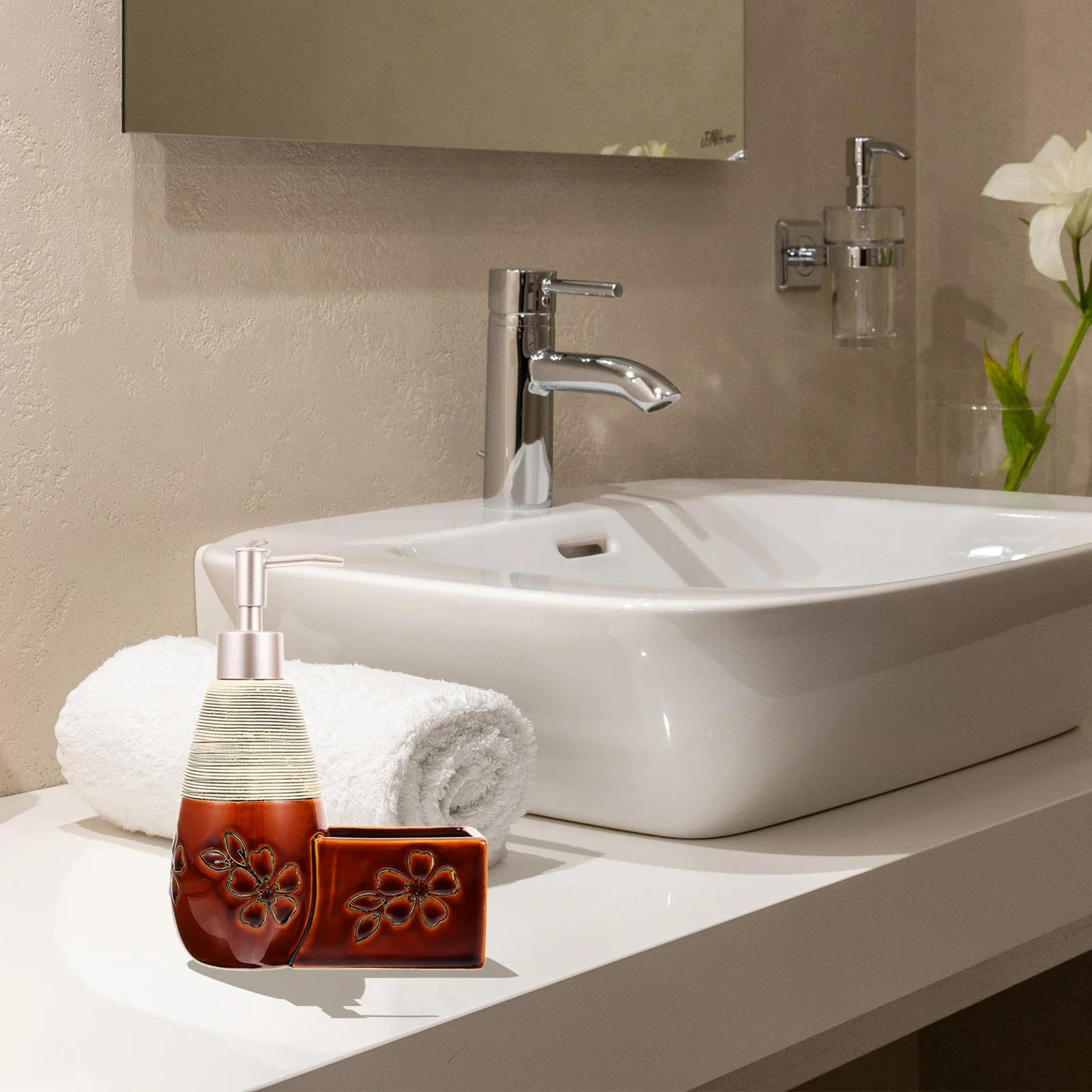 

Ceramic Soap Lotion Dispenser With Sponge Tray Kitchen Soap Dispenser Press Type Sanitizer Container
