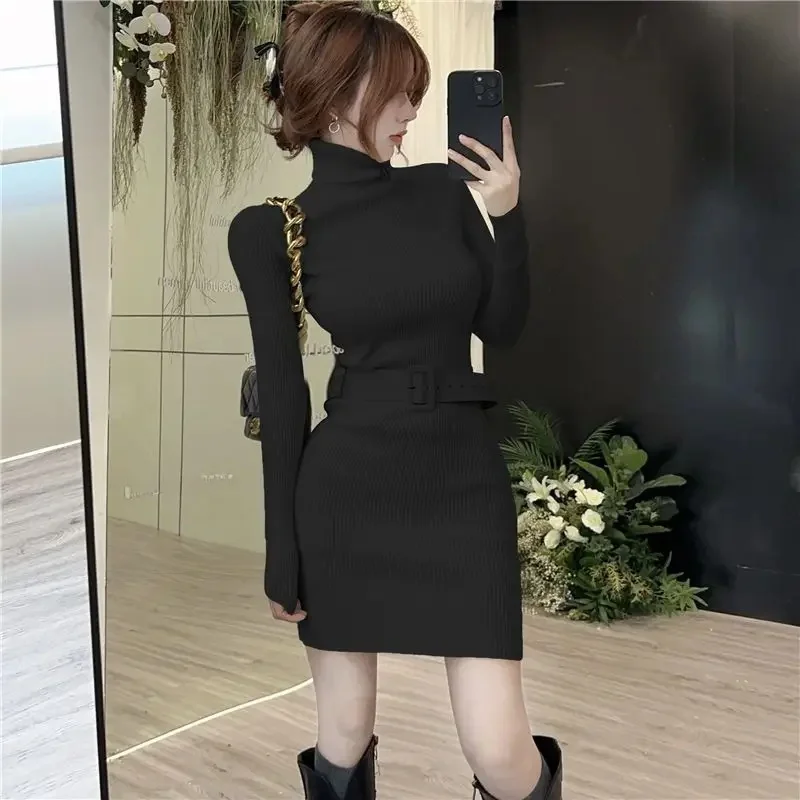 High Collar Knitted Dress Slim Fit Knee Length Waist Cinched Mini Skirt Small Size Slimming Bodycon Dress Winter New Style