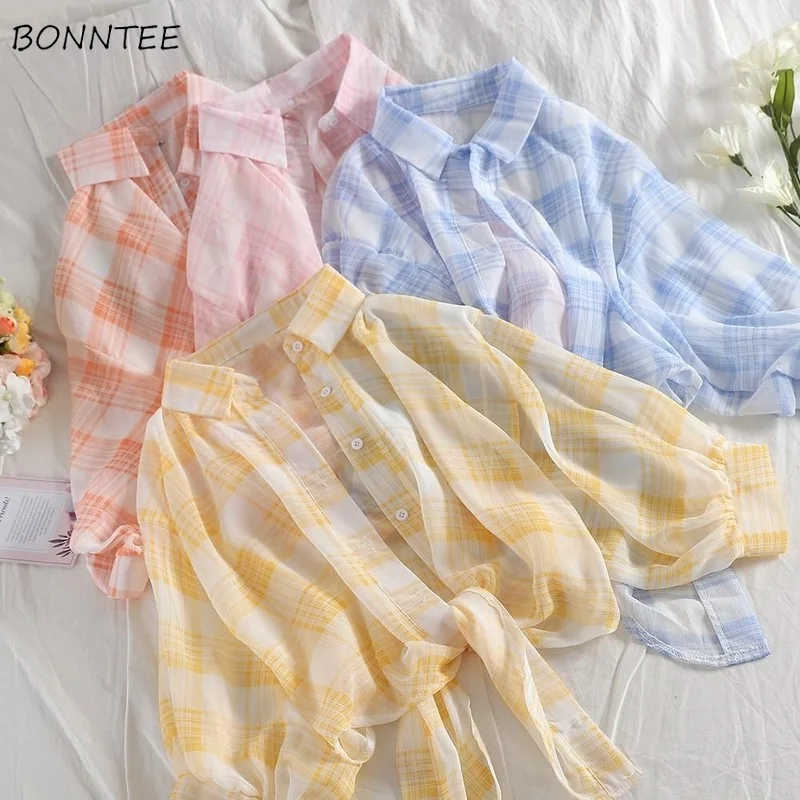 

Shirts Women All-match Plaid Breathable Cozy Fashion Cropped Turn-down Collar Elegant Summer New Korean Style Female Casual Ins