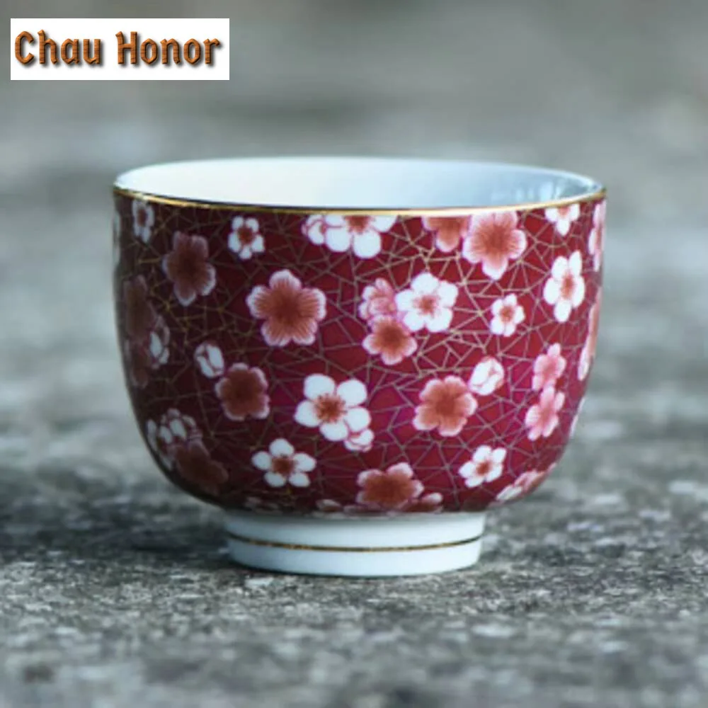 110ml  Antique Plum Blossom Cherry Red Ceramic Tea Cup Luxury Gold Bottom Cup for Tea Personal Cup Bowl Tea Ceremony Gift Box
