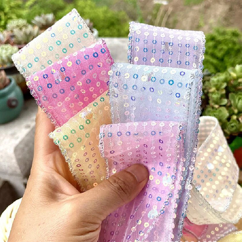 20Yards 50MM 스팽글 세로 스트라이프 더블 실 실버 라인 엣지 리본 헤어 활 DIY 공예 수제 액세서리