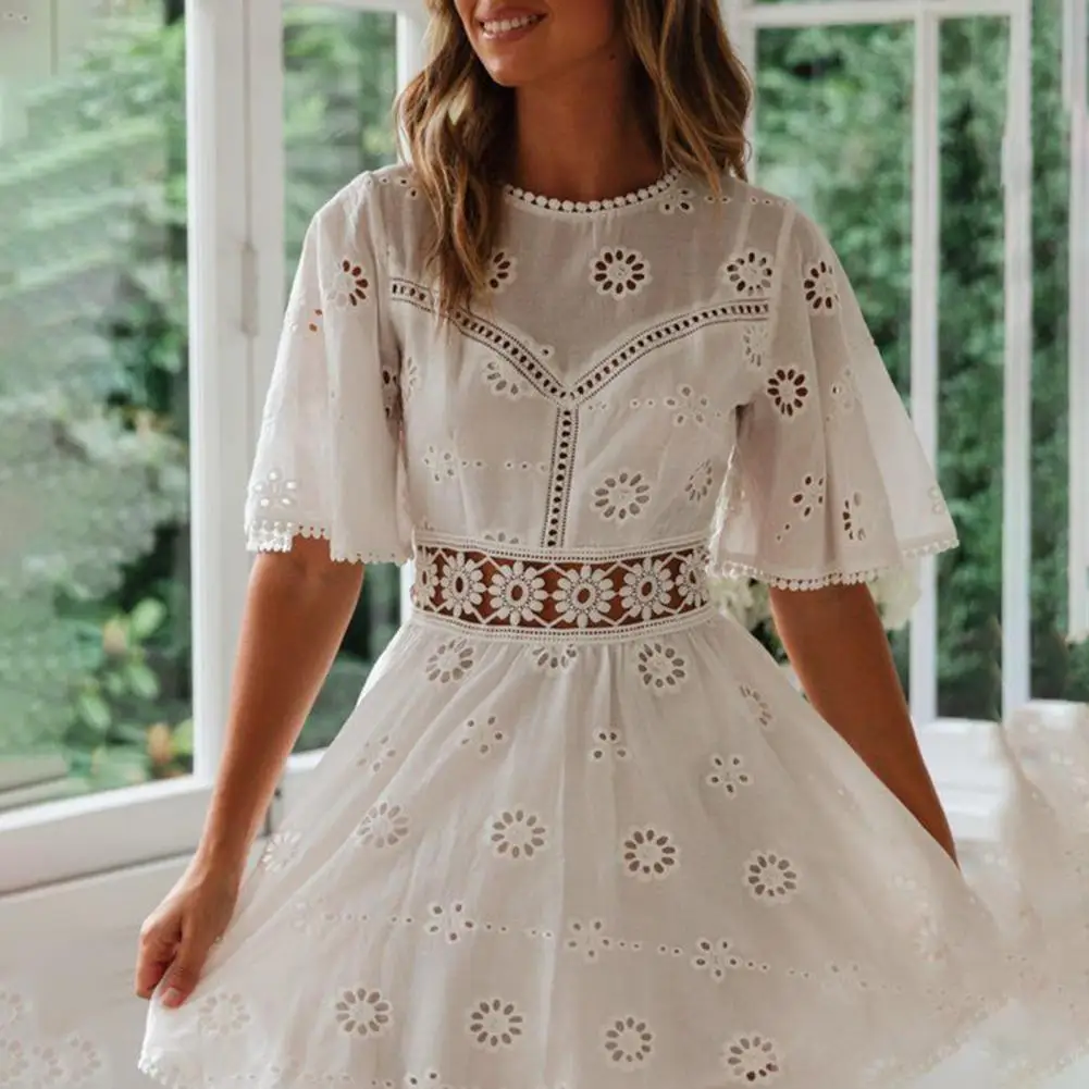 

Ladies Mini Dress Open Back Summer Dress Floral A-line Mini Dress Backless Pleated Hem Cutout Waist for Summer Dating Prom