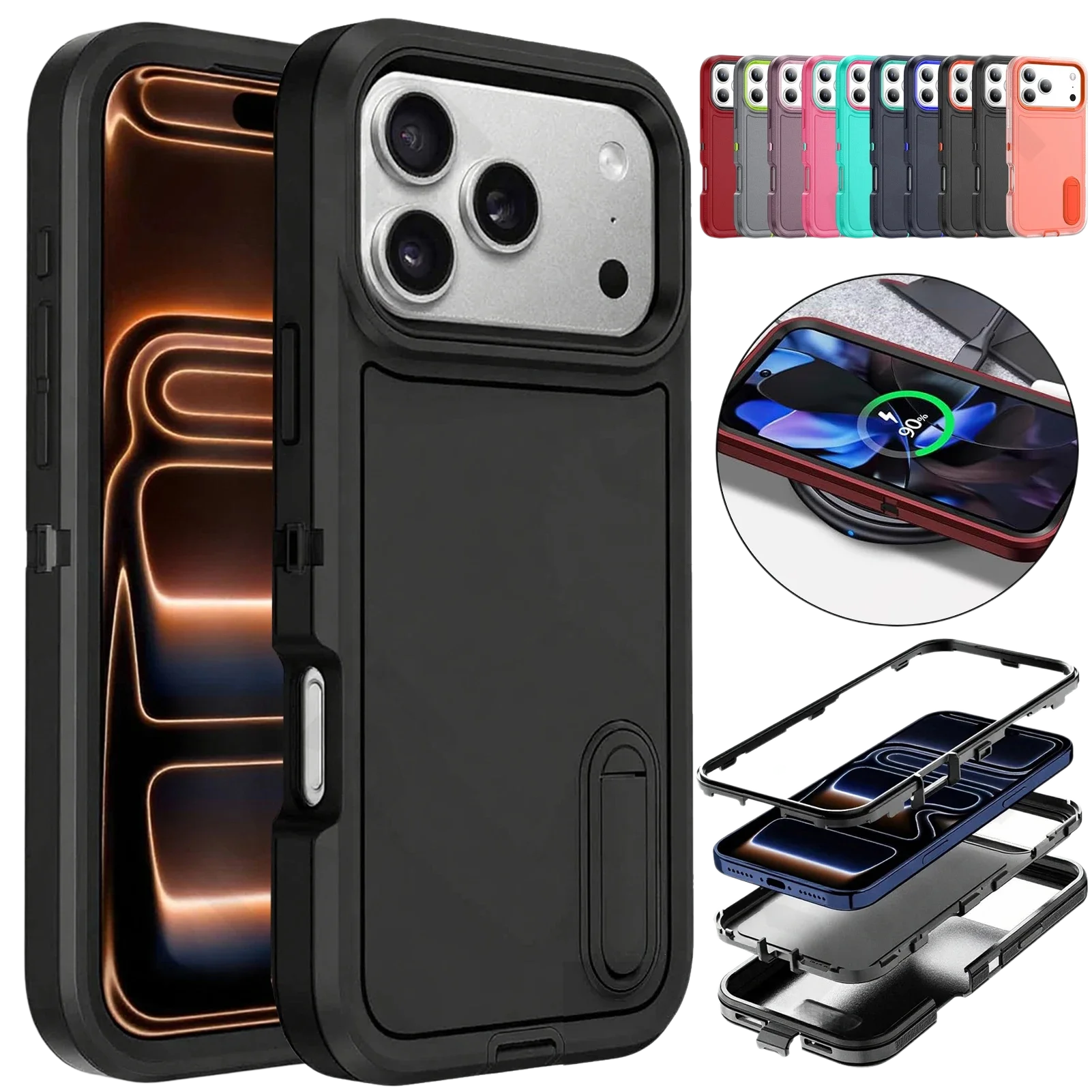 Heavy Duty Shockproof Defender Case with 3-Layer Protection and Adjustable Kickstand