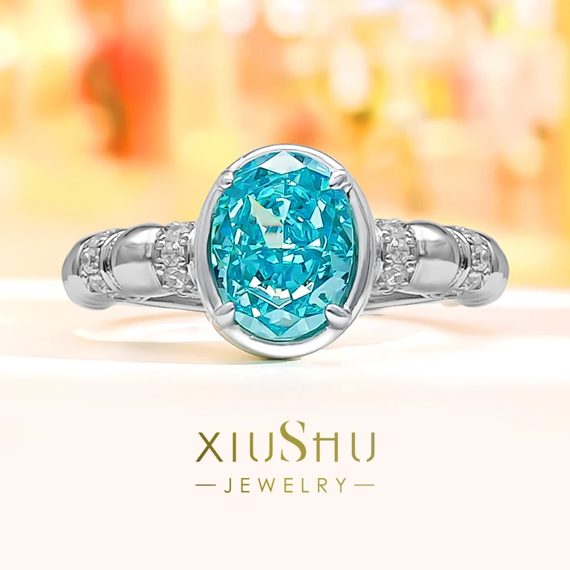 

Fashionable and Luxury 925 Sterling Silver Diamonds with Sea Blue Treasure, Reddin Broken Ice Cut Ring, Dove Egg Wedding Jewelry