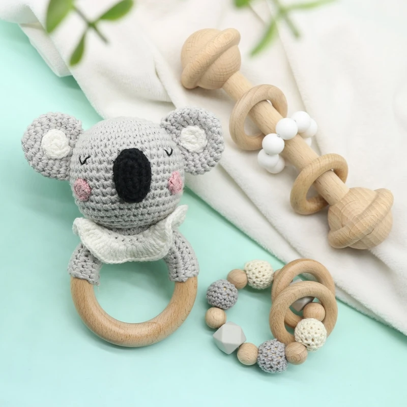 

Cotton Thread Crochet Animal Rattle Knitted Hand Baby Teether Wooden Ring