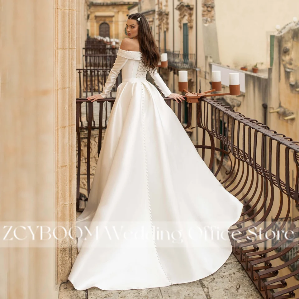 2-in-1 Abnehmbares Meerjungfrauen-Brautkleid aus Satin mit langen Ärmeln 2026 Vintage Perlenbesatz Bootsausschnitt Brautkleider Vestido De Noiva – Detail 4