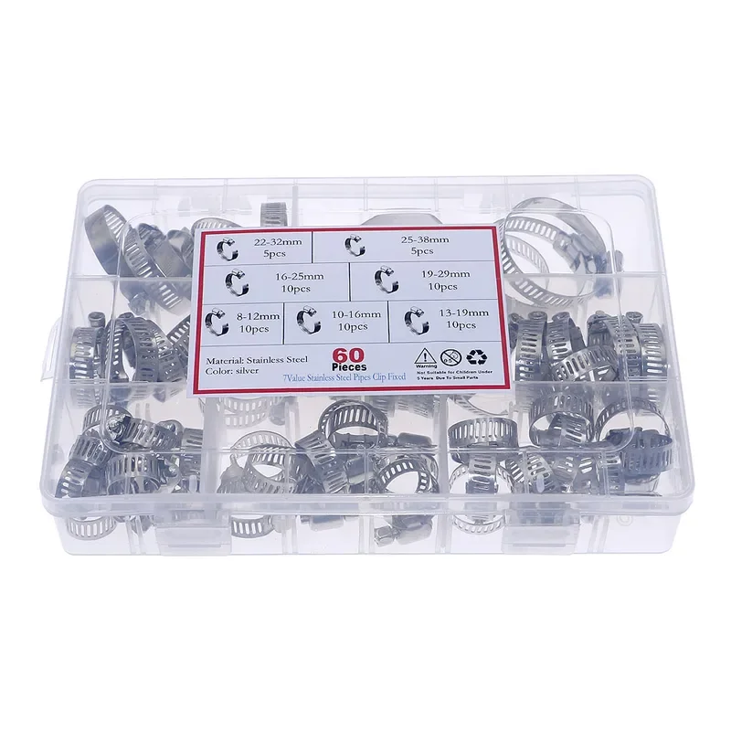 60Pcs Fuel Injection Hose Line Clamp Stainless Steel Adjustable Worm Gear Clamp Assortment