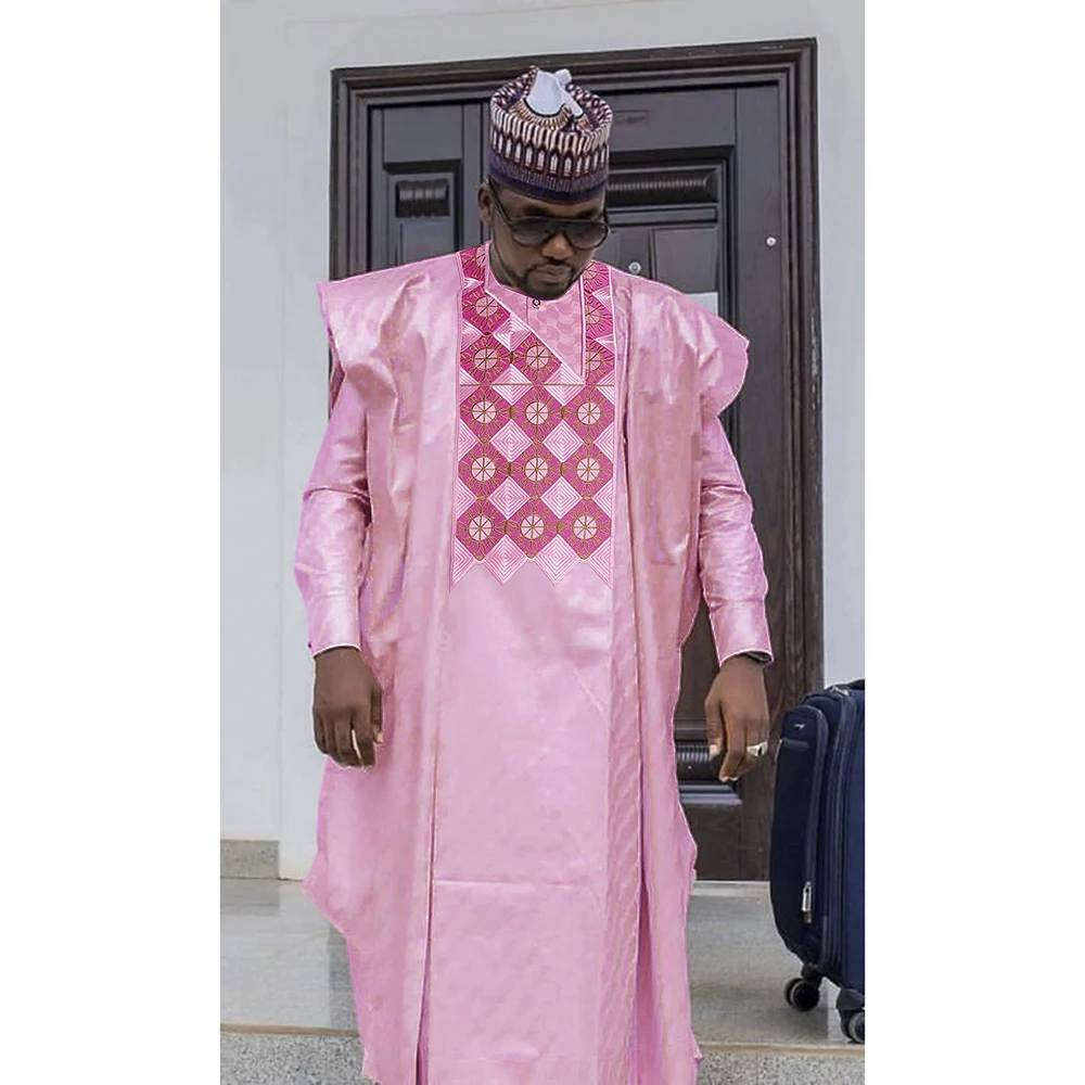 H&D New African Clothes for Men Bazin Traditional Embroidery Dashiki Pink Robe Long Sleeve Shirt Pants 3 piece Set Wedding Abaya