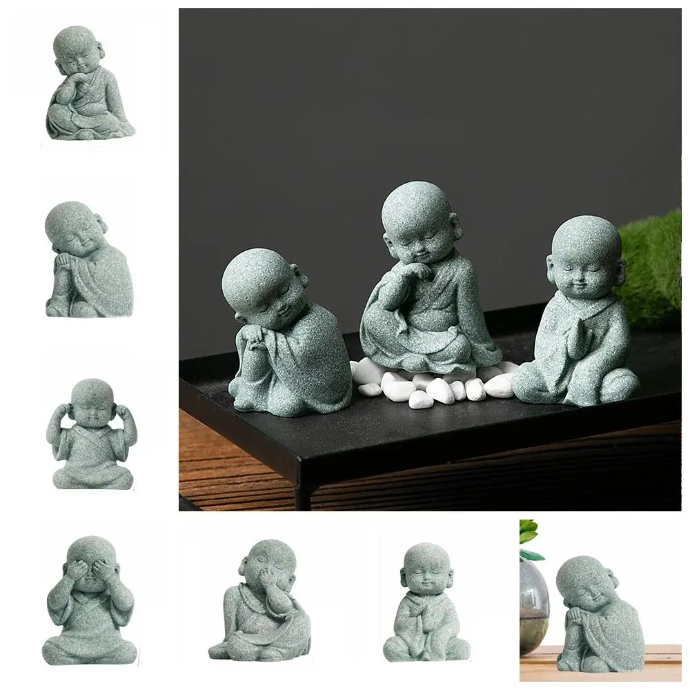 

Милый маленький монах с орнаментом, забавная китайская мини-статуя Будды из лысого песчаника, домашняя Медитация