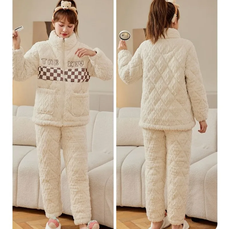2024 New Women's Pajamas Winter Thickened Plush Zipper Sleepwear Warm Coral Velvet Three-layer Sandwich Cotton Homewear Set