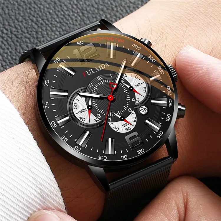 Men's Fashion Business Calendar Watches Luxury Stainless Steel Mesh Belt Analog Quartz Watch Business Luminous Wristwatch Clock