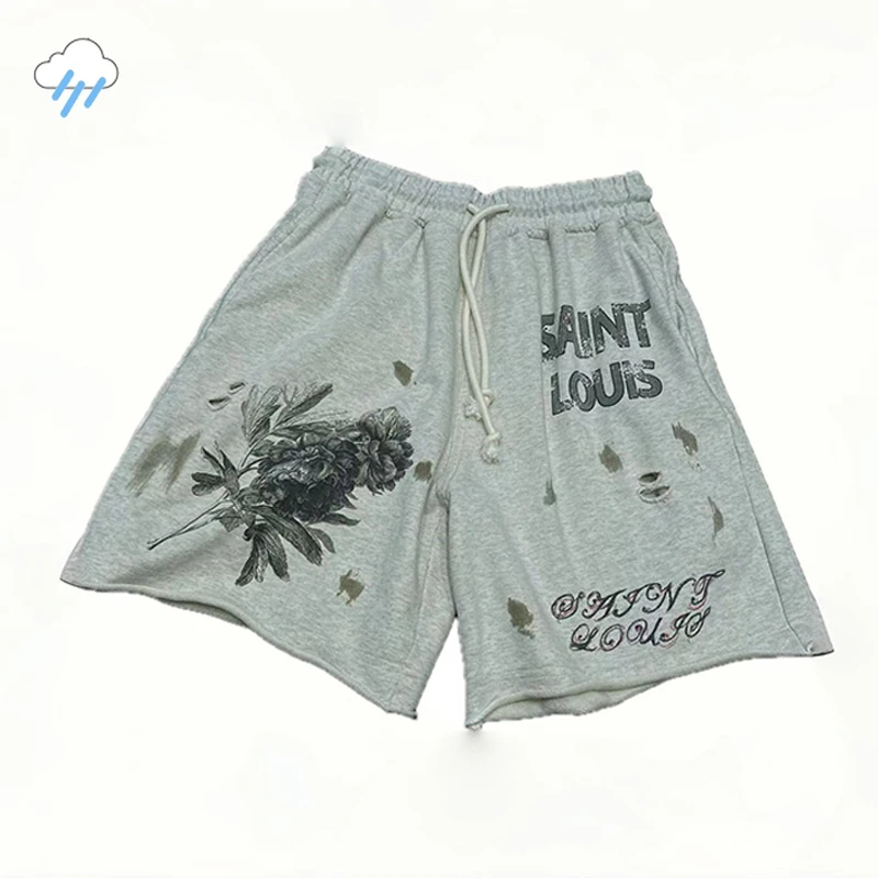 

24SS Hip Hop Drawstring Splash Ink Graffiti Flower Breeches Men Women Vintage Washed Gray Damaged Hole SAINT LOUIS Shorts