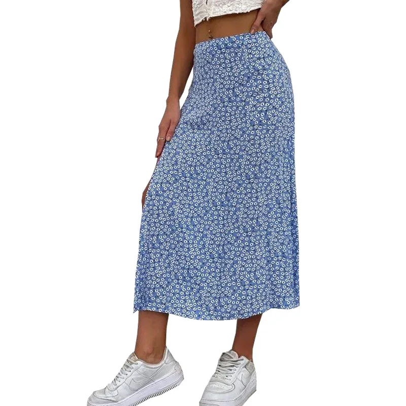 Casual Women's Loose A-Line Boho High Waist Floral Ruffle Skirt