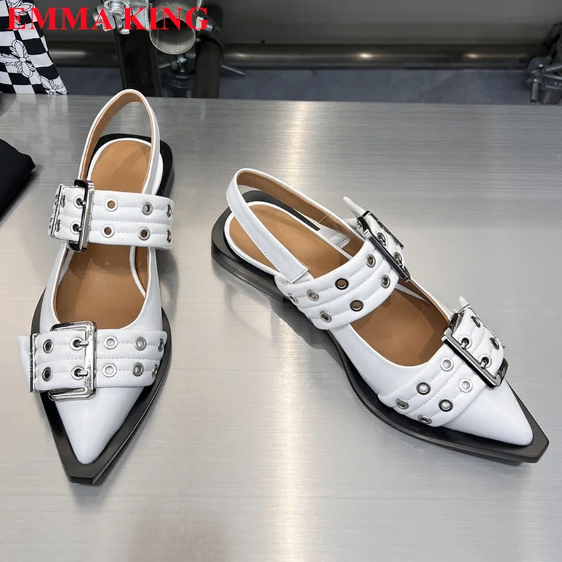2023 New Summer Women's Flat Shoes Punk Metal Buckle Strap Casual Pointed Toe Shoes Back Strap Mules Design Sandals Ladies Shoes