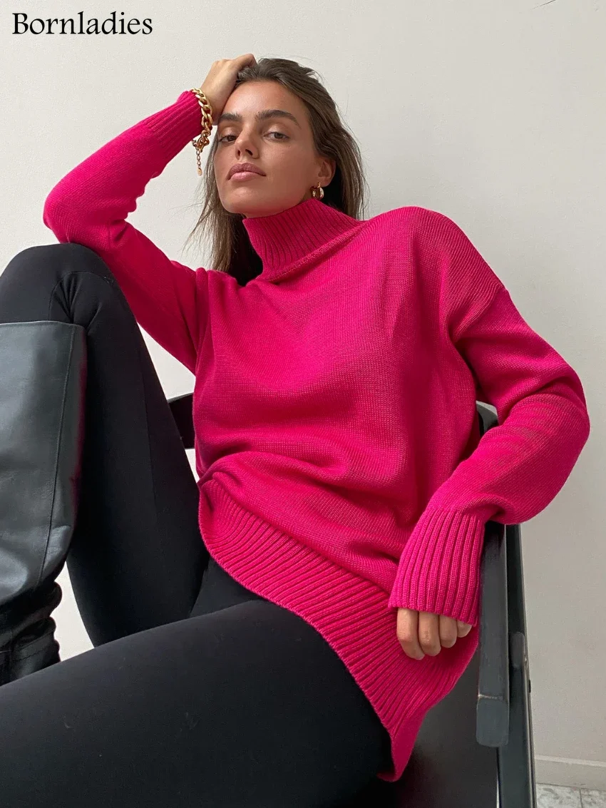 Bornladies Women Turtleneck Sweater Autumn Winter Thick Warm Pullover Tops Oversized Casual Loose Knitted Jumper Female pull