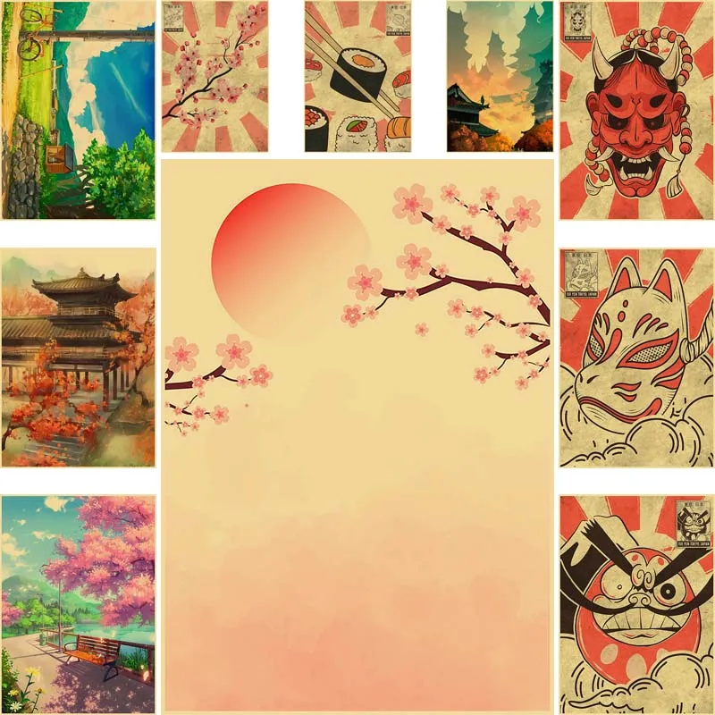 

Vintage Japanese Art Posters Retro Kraft Paper Landscape Prints Wall Stickers Home Decor Painting Room Decorative Pictures