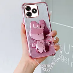 Luxury Shockproof Phone Case with Cute Rabbit Makeup Swivel Stand and Crystal Lanyard for Honor X6b 5G (Pink)