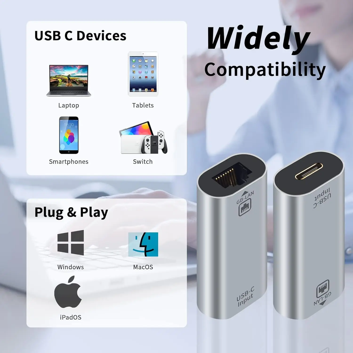 기가비트 USB C-이더넷 어댑터, RJ45 암-USB C 암 어댑터, USB C-RJ45 어댑터, 최대 1000, 100, 10Mbps 이더넷 LAN