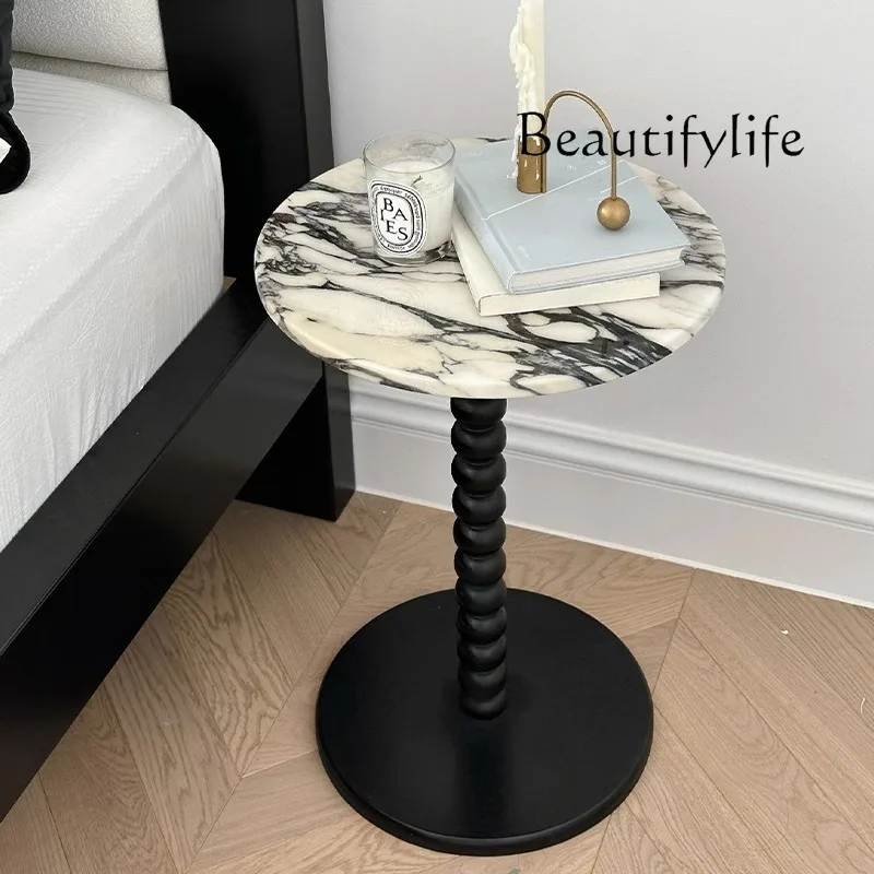 

Marble Solid Wood Designer Side Table Luxury Stone Bedside Small Apartment Sofa French Retro Corner Table