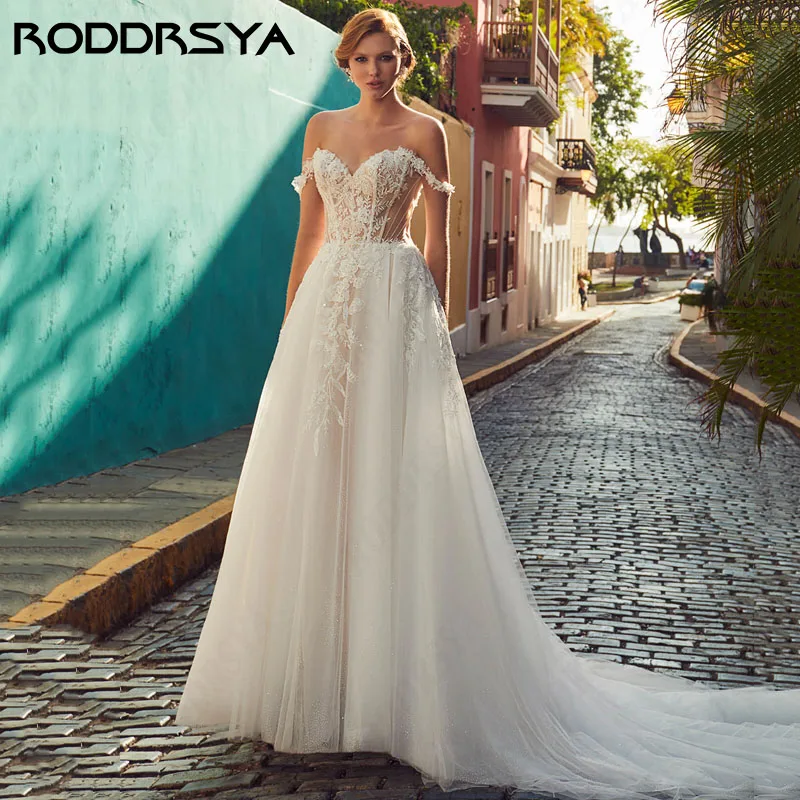 

RODDRSYA Princess Off Shoulder A Line Wedding Dress Boho Sweetheart Lace Tulle Bridal Party Elegant Pearl Backless Sweep Train