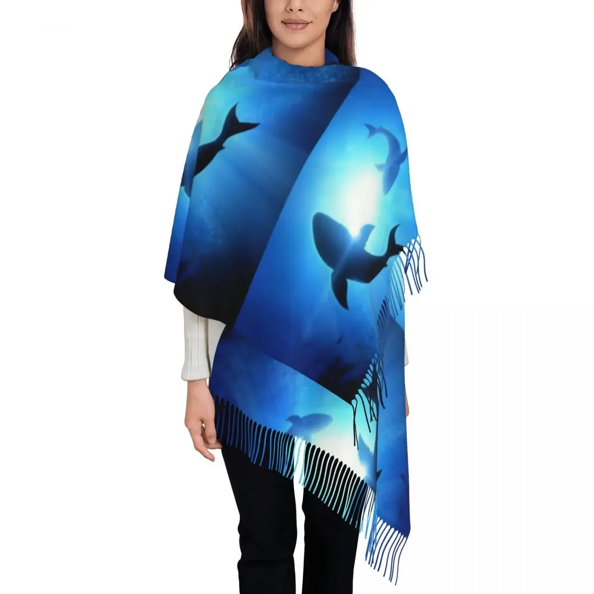 

Personalized Printed White Sharks Under The Sea Waves Circle Long Pile Fringe Men Scarf Women'S Anti Chill Scarf