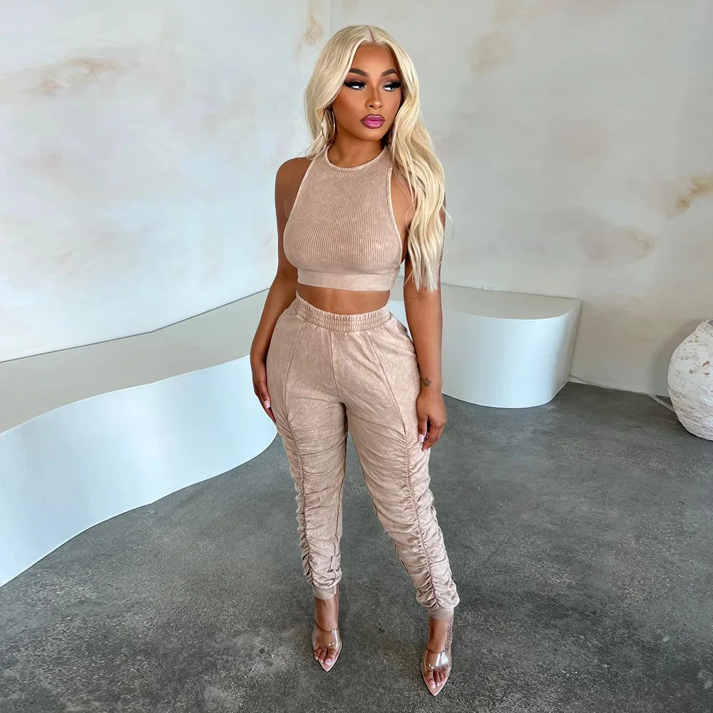 

2023 Summer New Fashion Sleeveless Solid Color Casual Jeans Pleats Sets Y2k Streetwear Tracksuit Women Slim Two Piece Set