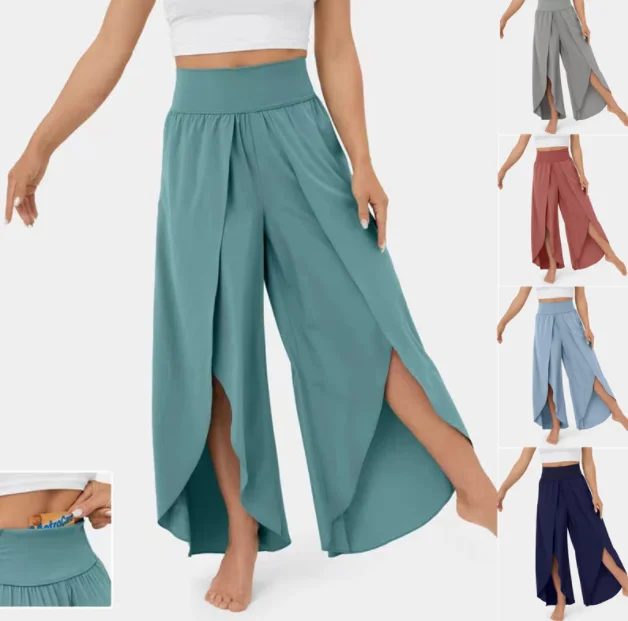 

Women Pants High Waist Wide Elastic Waistband Yoga Pants Solid Color Thin Ninth-Length Women Flowy Split Wide Leg Pants