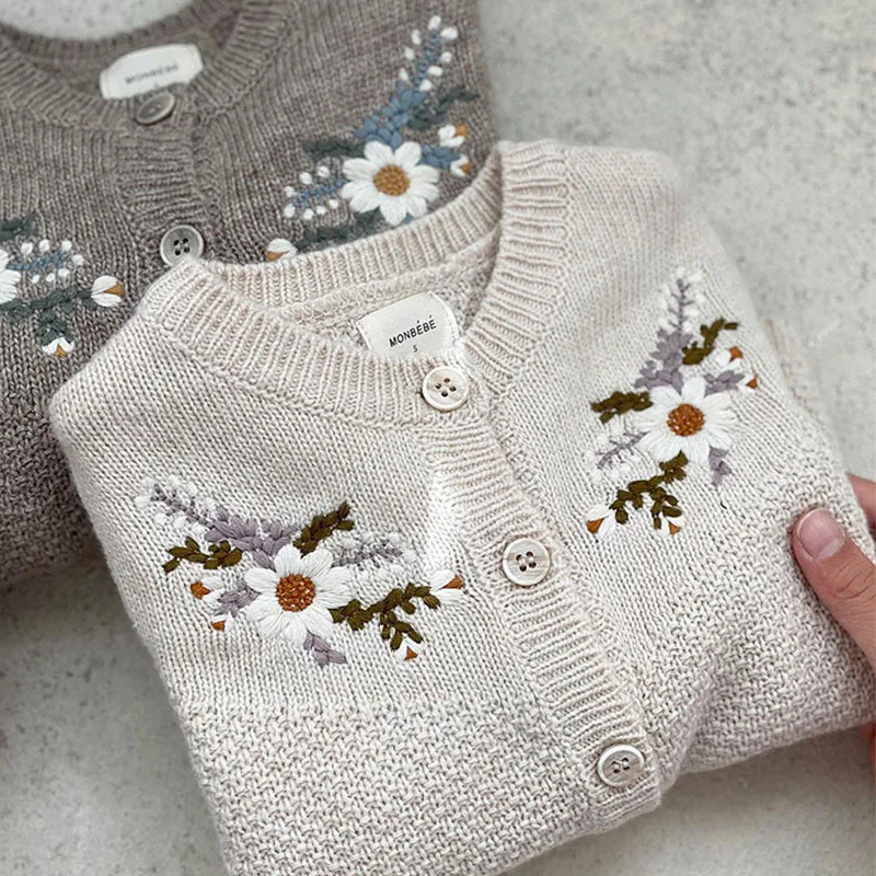 Baby Girls Sweater Autumn Children Long Sleeve Sweater Coat Baby Girls Embroidered Knitted Cardigan Jacket Kids Toddler Single Breasted Clothes