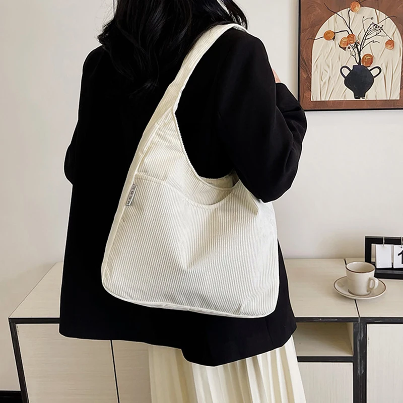 Canvas Shoulder Women's Tote Bag Corduroy Simple Casual Large Capacity Designer Handbags For Travel Solid Shopper Bag