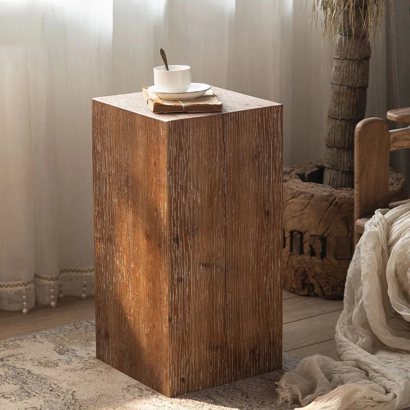 Retro Living Room Sofa Corner Table Solid Wood Small Square Table Wabi-sabi Style Coffee Wooden Pier Ornaments