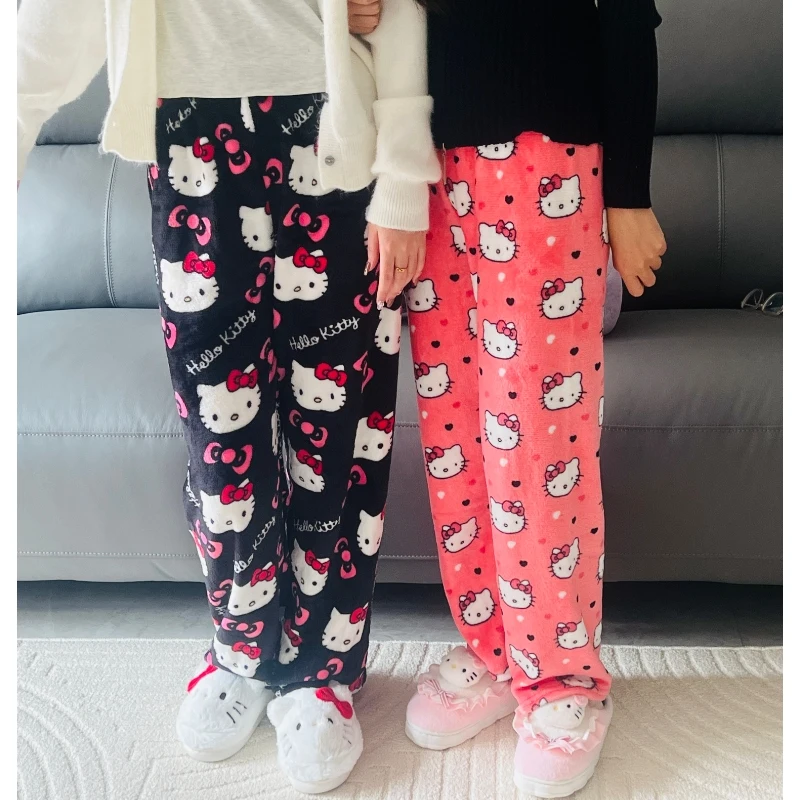 산리오 헬로 키티 잠옷 바지, 블랙 핑크 애니메이션 플란넬, 따뜻한 모직 화이트 크리스마스 라운지웨어 바지, 가을 그릴 바지