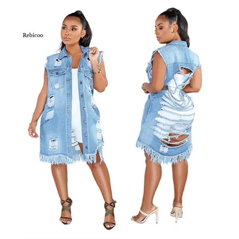 

Модная пикантная Джинсовая блузка с дырками, куртки, женская рваная джинсовая свободная длинная куртка без рукавов, пальто, женская верхняя одежда