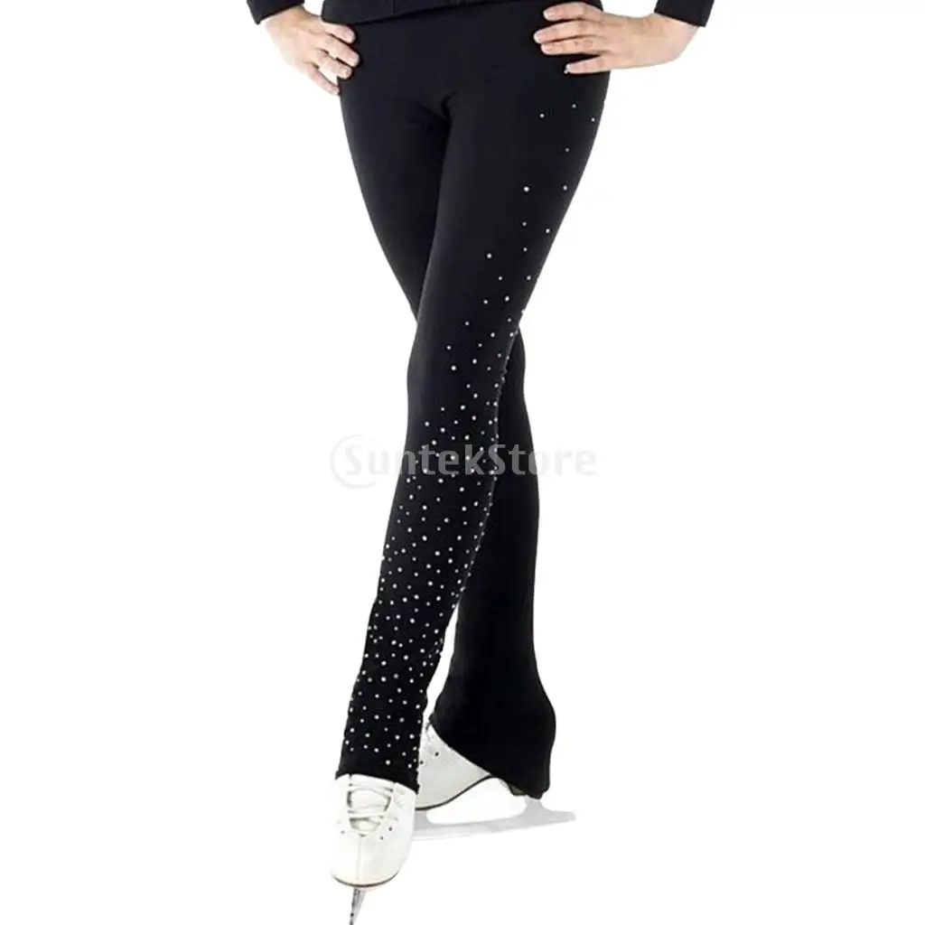 Womens Girls Ice Figure Skating Practice Long Pants Skate Footless Tights Leggings Black with Crystal