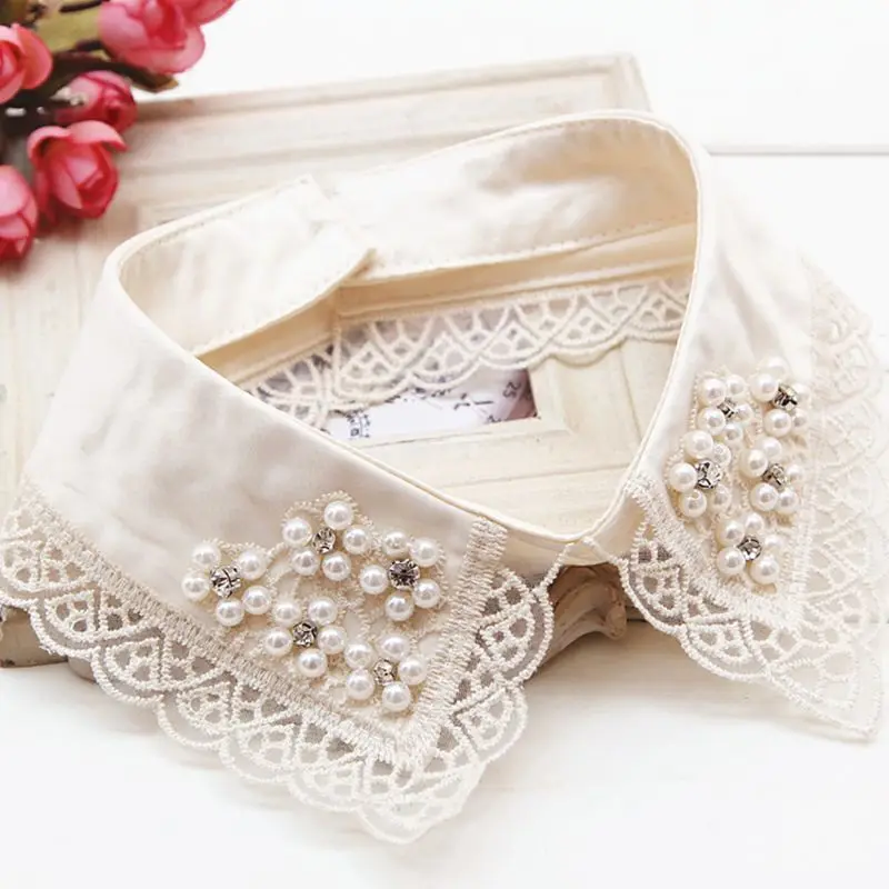 

Women Detachable Colla Shirt Fake Collars Pearls Lace Decoration Ladies Lace Fal