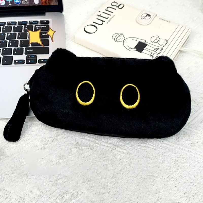 검은 색 플러시 고양이 연필 케이스 연필 가방 대용량 문구 학교 학생 보관 가방 화장품 보관 가방