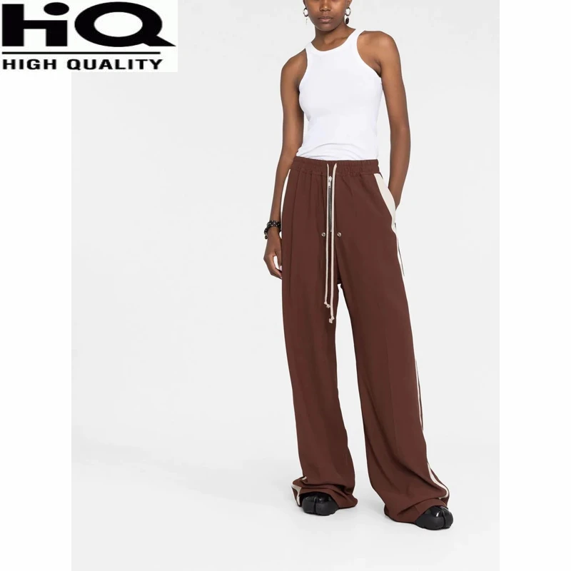 

Women Fashion Contrast Color Striped Drawstring Zipper Sporty High Waist Wide Leg Pants Sweatpants