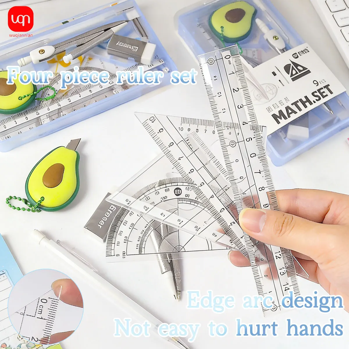 WQN-1PC 수학 기하 도구 세트, 견고한 플라스틱 자, 삼각자, 건축 디자인 도면용 지우개