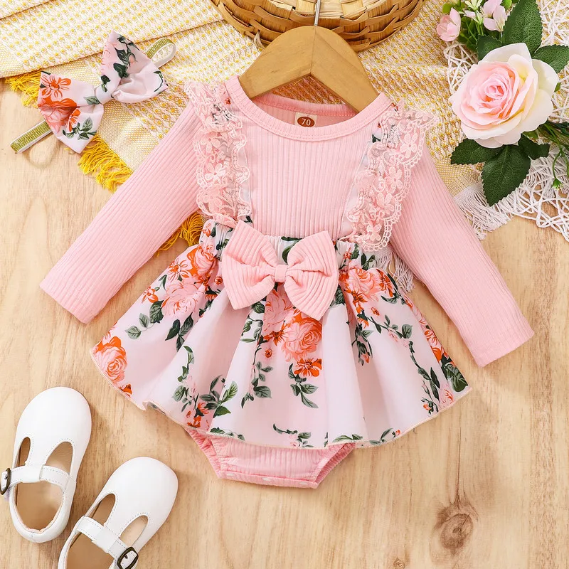 

Newborn Baby Girl Bodysuit Dress Flower Outfits Long Sleeve Lace Patchwork Floral Pattern Bodysuit Bow-Knot Headband Set
