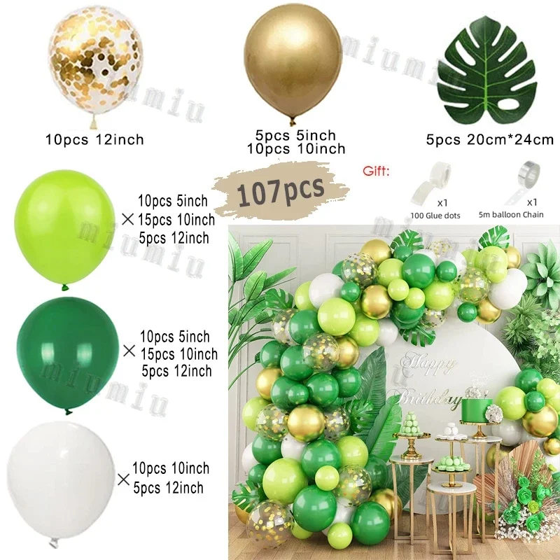 thumbnail image 1 of Kit de arco de guirnalda de globos verdes con diseño de safari en la jungla, suministros para fiestas de cumpleaños infantiles, globos de látex dorados con diseño de ciervo, decoración para baby showe, 1 of 5