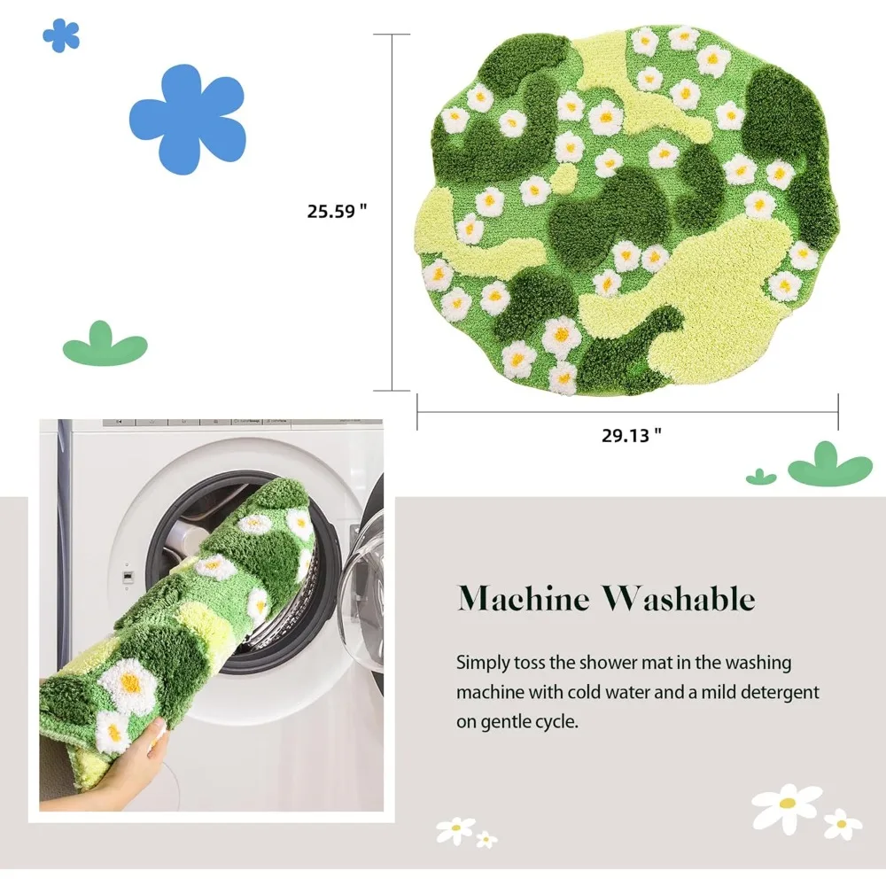 Moss Bath Mat Green Bathroom Rug with Small White Flowers Non Slip Door Mat for Bedroom and Kitchen Soft Washable Rug Floral Na