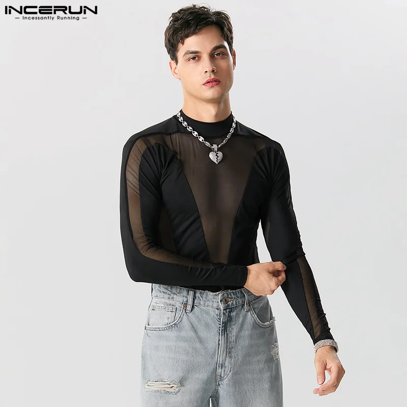 Men Bodysuits Mesh Patchwork Transparent Turtleneck Long Sleeve Rompers Male T Shirt Streetwear Fashion Bodysuit INCERUN