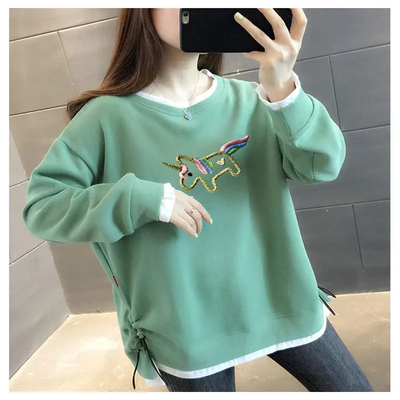 Fashion Printed Shirring Fake Two Pieces Casual Sweatshirts Female Clothing 2023 Autumn Loose Commute Tops All-match Sweatshirts